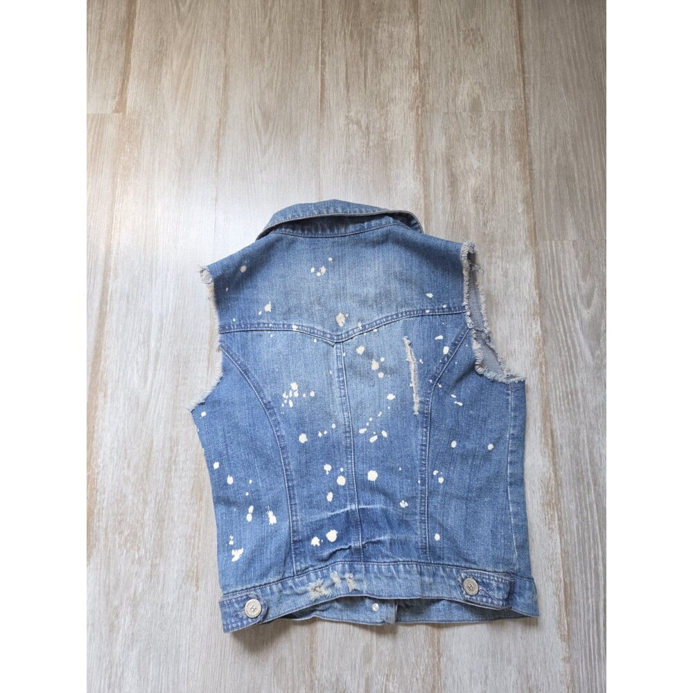 Highway Jeans Distressed Denim Vest Paint Splatter Raw Hem Button Up Sz M EUC - Picture 9 of 9